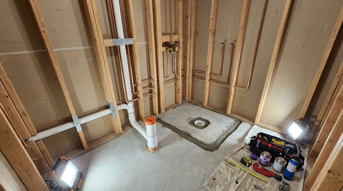Bathroom rough-in plumbing during remodel by Johns Plumbing LLC in Richgrove