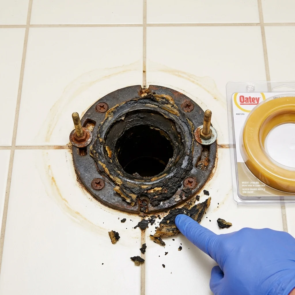 Failed wax ring showing water seepage at the base of a toilet in a Richgrove, CA home