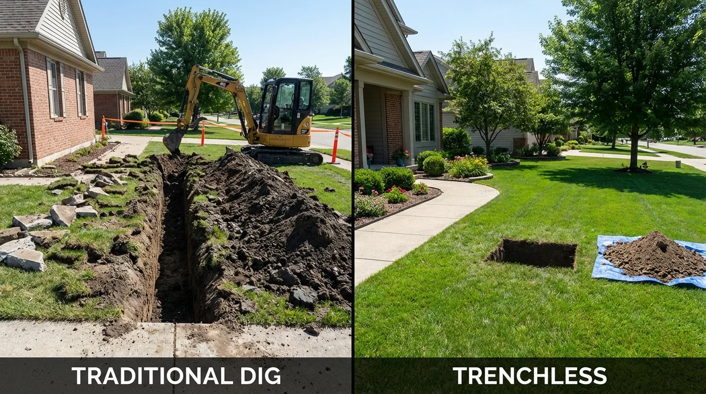 Trenchless sewer repair with minimal yard damage versus traditional excavation in Richgrove, CA