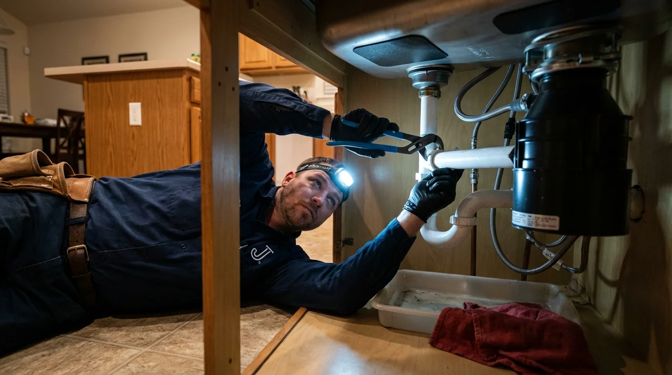 P-trap and supply line connections under a kitchen sink showing a common leak point in Richgrove, CA